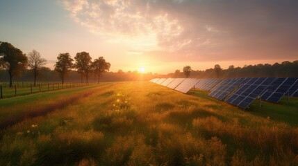 Naklejka na ściany i meble Solar panel cell on dramatic sunset sky background,clean Alternative power energy concept. Generative AI