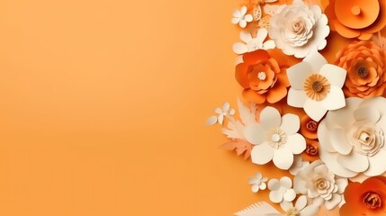 Flowers made of paper on color background with copy space. Generative AI