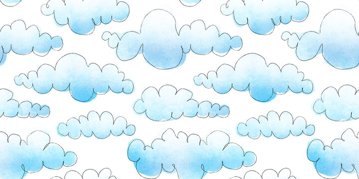 Seamless cute puffy blue clouds hand drawn watercolor and crayon children's drawing background. Playful nursery wallpaper happy summer sky repeat pattern. Imagination and creativity concept backdrop.