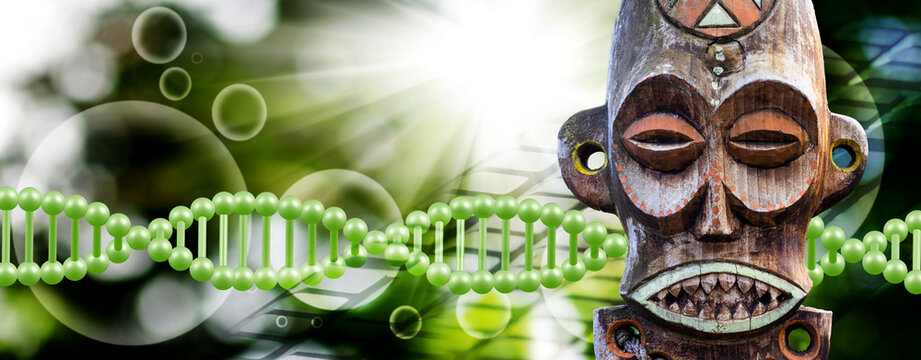  ancient primitive wooden mask on the background of an abstract view with stylized DNA chains and flying balls