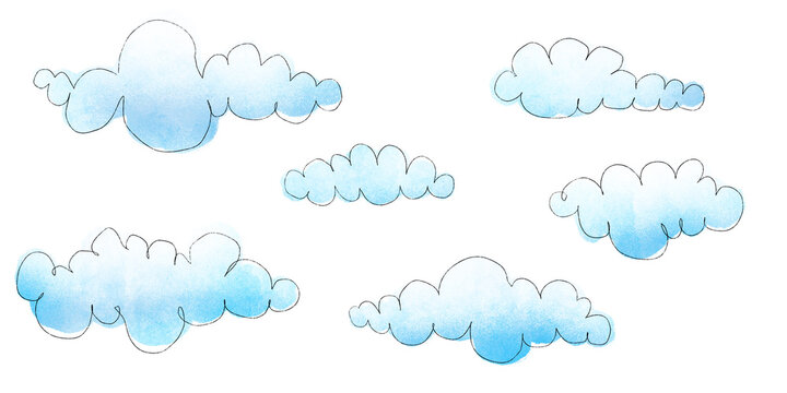 Colorful cute puffy clouds hand drawn watercolor crayon children's drawings isolated on transparent background. Playful nursery clipart. Meteorology and climate concept design elements collection.