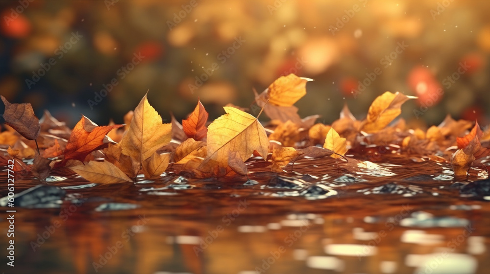 Poster Autumn leaves floating on the water