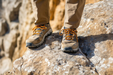 Wandern - Nahaufnahme Füße mit Schuhen auf einen Felsen oder Berg
