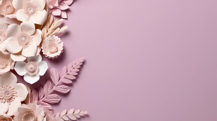 Flowers made of paper on color background with copy space. Generative AI