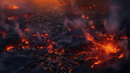 Aerial view of the burning city at night. Generative AI.