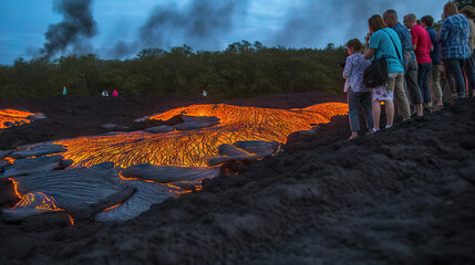 Tourists watching the eruption of the volcano. Generative AI.