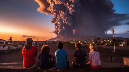 Group of children watching the eruption of volcano Etna, Sicily, Italy. Generative AI. - obrazy, fototapety, plakaty