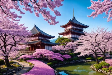 Obraz premium Sakura blossoms in japanese style ornamental garden, beautiful landscape. Generative AI.