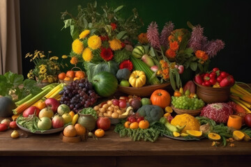 Fototapeta na wymiar Harvest festival, pumpkin, carrot, onions harvesting, Thanksgiving Day background, AI Generated