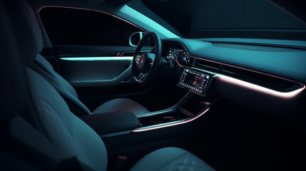interior of a car, car interior in a luxurious gray color with neon lights, generative ai