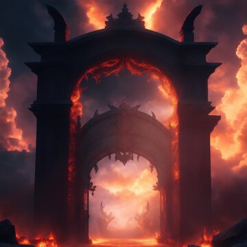 stylized fantasy illustration of the gates of hell created with using Generative AI Technology