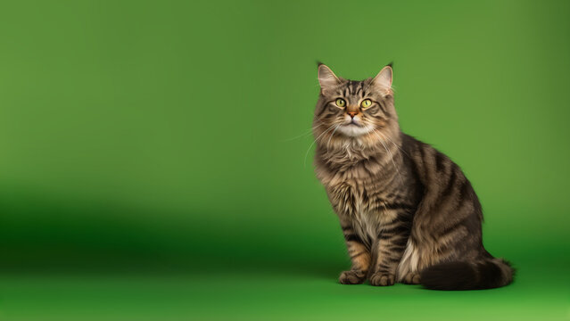 American Bobtail cat post on green background with copyspace (Generative AI)