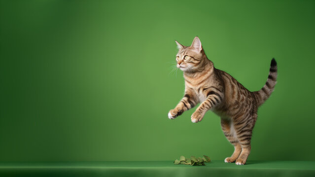 Genetta cat post on green background with copyspace (Generative AI)
