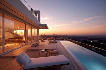 Obraz premium Luxury apartment terrace in the city with a swimming pool and sun loungers on the sunset. Modern interior design. Beautiful hotel terrace for relaxation. Summer vacation, holiday. AI Generative.