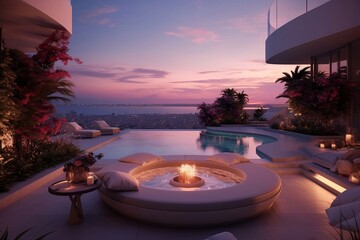 Luxury sea view apartment terrace with a swimming pool and sun loungers in the evening. Modern interior design. Beautiful hotel terrace for relaxation. Summer vacation, holiday.  AI Generative.