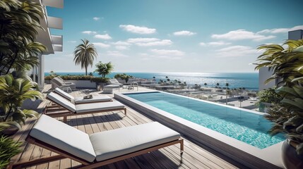 Luxury sea view apartment terrace with a swimming pool. Modern interior design with white sun loungers, trees, bushes. Beautiful hotel terrace for relaxation. Summer vacation, holiday.  AI Generative.