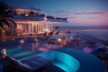 Luxury sea view apartment terrace with a swimming pool, loungers, and neon backlights in the evening. Modern interior design. Beautiful hotel terrace. Summer vacation, holiday.  AI Generative.