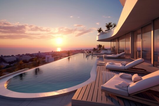 Luxury sea view apartment terrace with a swimming pool and sun loungers on the sunset. Modern interior design. Beautiful hotel terrace for relaxation. Summer vacation, holiday.  AI Generative.