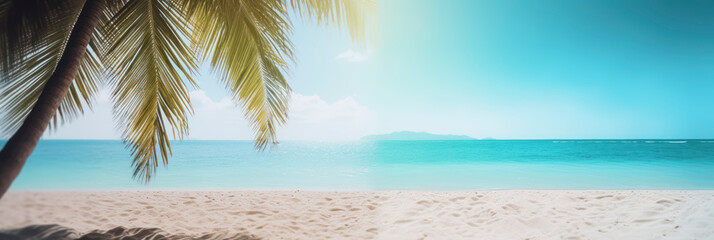 Fototapeta na wymiar a palm tree, sand and sun on a sunny beach. AI Generated.