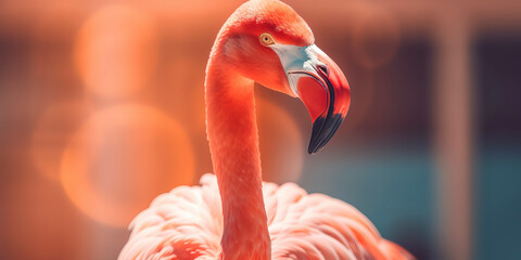 Pink flamingo wearing summer sunglasses. Summer background. AI Generated.