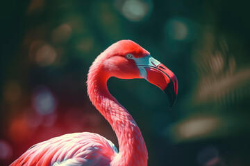 Obraz premium Pink flamingo wearing summer sunglasses. Summer background. AI Generated.