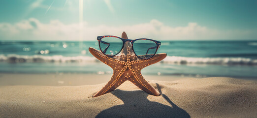 sunglasses starfish silhouetted in sunshine on a sandy beach, in the style of vibrant stage backdrops, spectacular backdrops. AI Generated.