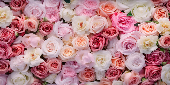 On a sunny day, in the seaside garden, 1000 pink and white roses are in full bloom. AI Generated.