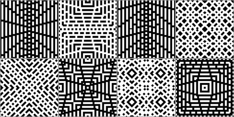 Fototapeta premium Checks, squares, rectangles, strokes, crosses seamless patterns collection. Geometrical ethnic ornaments set. Tribal backgrounds kit. Folk prints. Patchwork motif. Abstract images. Vectors bundle