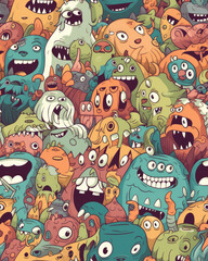 Fototapeta premium Seamless Background for your Design with Different Cartoon Monsters, Colorful Tile Pattern with Cute Funny Characters. AI generated image.