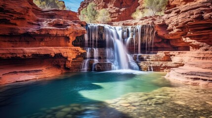 Fototapeta na wymiar Beautiful turquoise waterfall flows into natural pool surrounded by rock formation. Generative AI