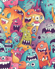 Obraz premium Seamless Background for your Design with Different Cartoon Monsters, Colorful Tile Pattern with Cute Funny Characters. AI generated image.