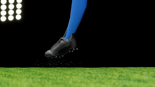 Leg in a boot kicking football ball. Close-up of the leg and ball. Super slow motion cinematic artistic shot. 4K UHD 3840x2160 3D professional render high quality.