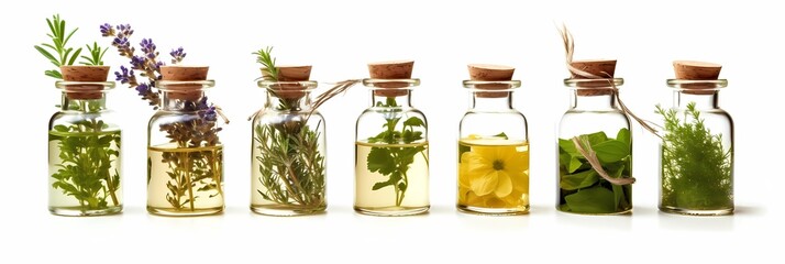 Herb oil bottles of homeopathy herbs. Generative AI. Isolated on white background - obrazy, fototapety, plakaty