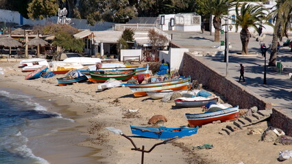 Overhead view of fishing boats on the beach in Hammamet, Tunisia
