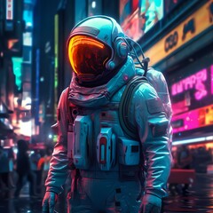 Obraz premium Retrofuturistic illustration of astronaut in futuristic neon lit cyberpunk city. Neon pink blue violet night astronaut. Generative ai. Illustration art.