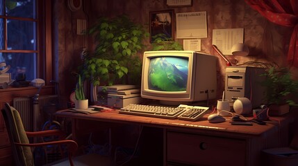 Retro vintage desktop computer 80's 90's technology. Cozy retrowave interior. Warm lofi atmosphere. Generative AI.
