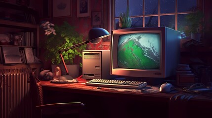 Retro vintage desktop computer 80's 90's technology. Cozy retrowave interior. Warm lofi atmosphere. Generative AI.