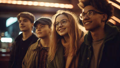 Obraz premium Young adults smiling, enjoying nightlife at club generated by AI