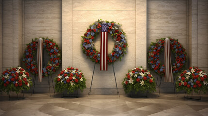 Memorial Flower Wreath Illustrated Against a Marble Veteran's Memorial - Patriotic Remembrance of Sacrifice for American Veteran's Day, Memorial Day, or 4th of July - Generative AI