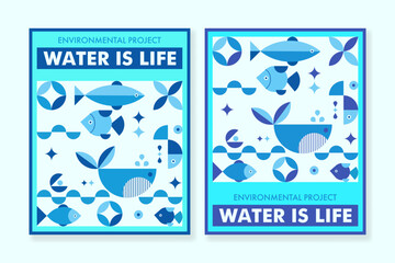 Set of cover templates in neo geo style about saving water resources. For brochures, banners, flyers, branding and other projects about environmental care.
