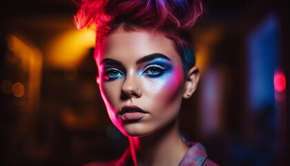 Young adult fashion model with vibrant eyeshadow generated by AI