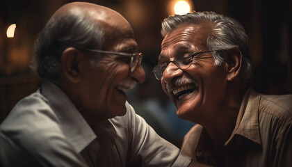 Obraz premium Two senior men smiling, enjoying retirement together generated by AI