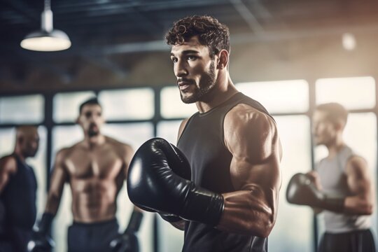 Profile view of a beautiful male boxer training next to a group of people in a gym. Generative Ai.