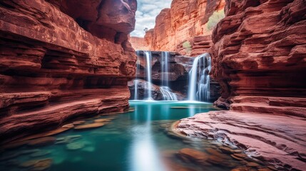 Beautiful turquoise waterfall flows into natural pool surrounded by rock formation. Generative AI