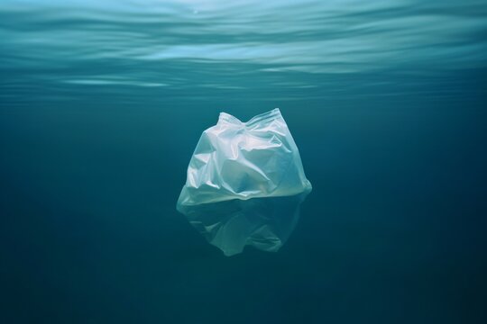 White plastic bag in the ocean or sea. Underwater waste. Pollution problems. Generative Ai.