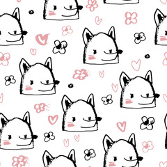 Cute vector pattern with fox and flower. Pattern in grunge style. seamless background for nursery decor, fabrics, children's textiles, wrapping paper.