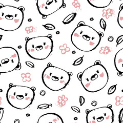 Cute vector pattern with bear and flower. Pattern in grunge style. seamless background for nursery decor, fabrics, children's textiles, wrapping paper.