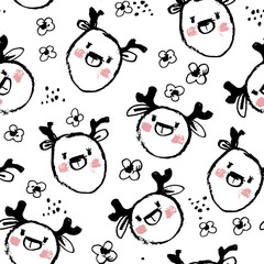 Cute vector pattern with deer and flowers. Pattern in grunge style. seamless background for nursery decor, fabrics, children's textiles, wrapping paper.