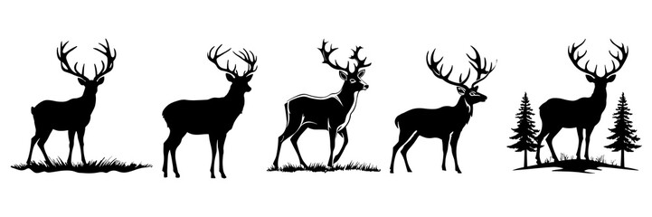 Deer silhouettes set, large pack of vector silhouette design, isolated white background