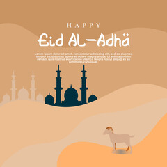 Eid al-Adha celebration. Greeting card with sacrificial lamb and crescent moon on cloudy night background. Vector illustration.